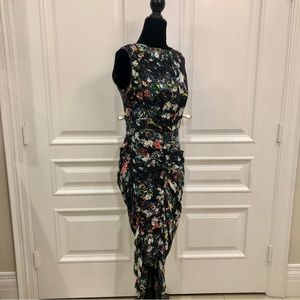 McQ by Alexander McQueen black ruched asymmetrical silk dress floral pattern 36